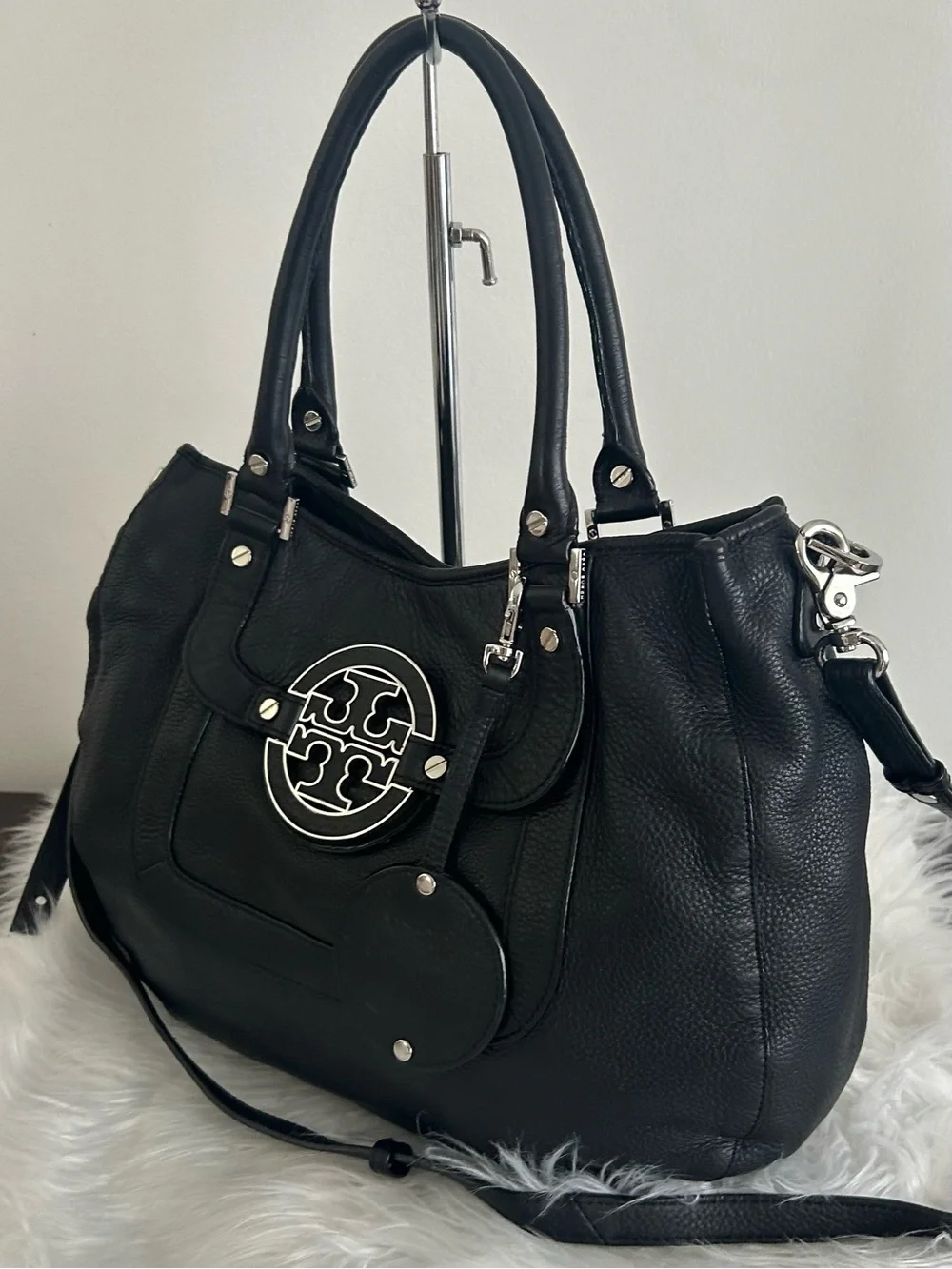 Tory Burch Amanda Black Pebbled Leather Tote Shoulder Bag Crossbody
